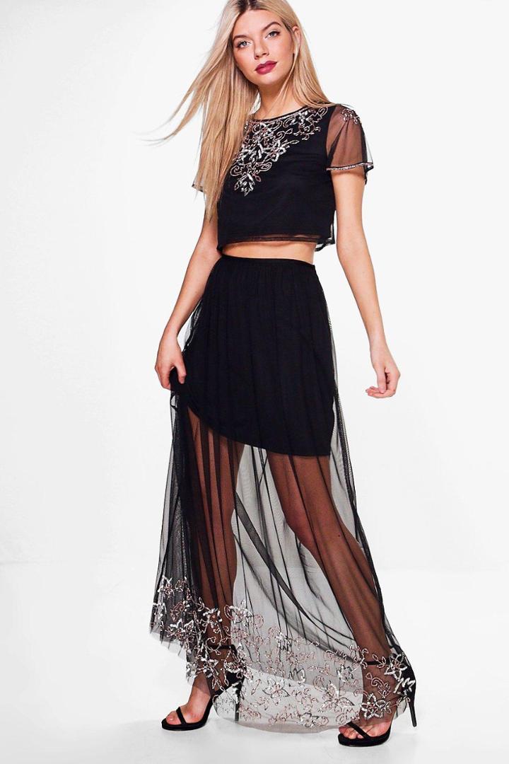 Boohoo Izzy Boutique Mesh Embellished Skirt & Crop Co-ord Black