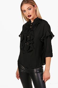 Boohoo Yasmin Lace Up Ruffle Woven Blouse