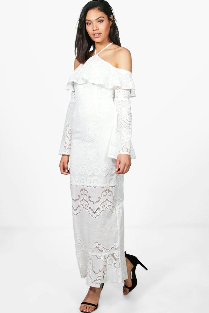 Boohoo Boutique Frey Bardot Ruffle Lace Maxi Dress Ivory