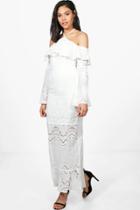Boohoo Boutique Frey Bardot Ruffle Lace Maxi Dress Ivory
