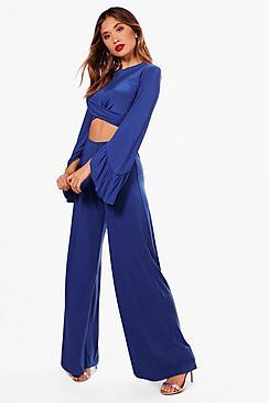 Boohoo Amie Slinky Knot Crop And Wide Leg Trouser