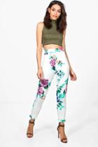 Boohoo Kosma Floral Strectch Skinny Trousers White