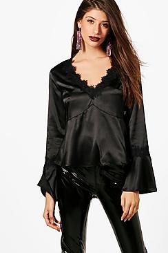 Boohoo Lace Trim Flare Cuff Peplum Blouse