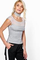 Boohoo Anna Choker Style Mesh Panel Bodycon Top Grey