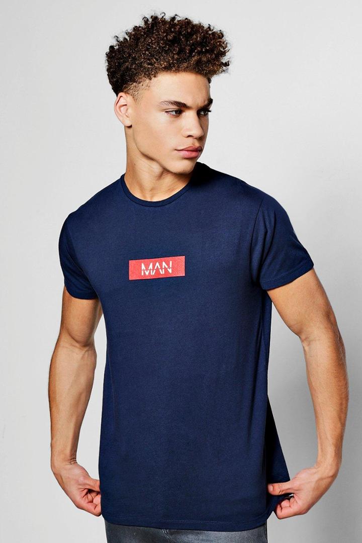 Boohoo Man Logo Chest Print T Shirt Navy