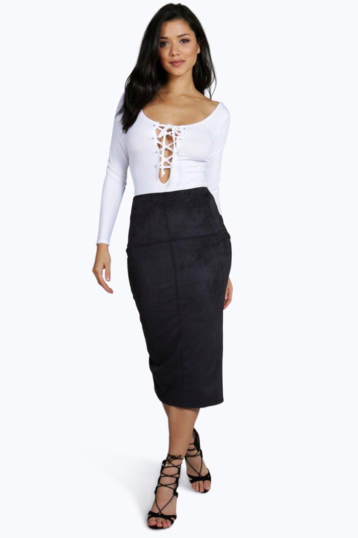 Boohoo Elita Seamed Detail Suedette Midi Skirt Black