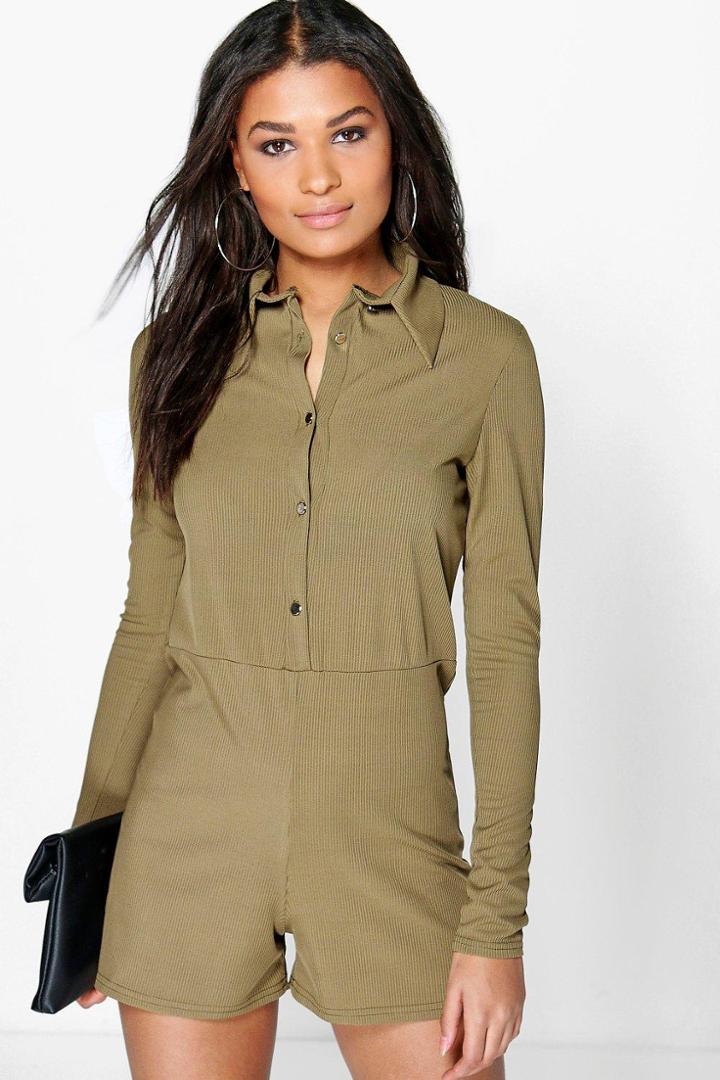 Boohoo Alex Ribbed Shirt Style Playsuit Olive