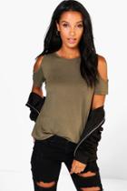 Boohoo Hannah Cut Out Cold Shoulder Top Khaki