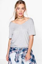 Boohoo Plus Claire Off The Shoulder V Neck Tee Grey