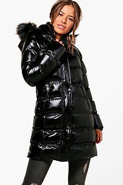 Boohoo Petite Naomi High Shine Longline Padded Coat