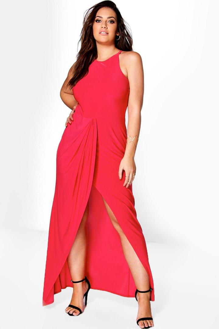 Boohoo Plus Jules Slinky Drape Wrap Maxi Dress Red