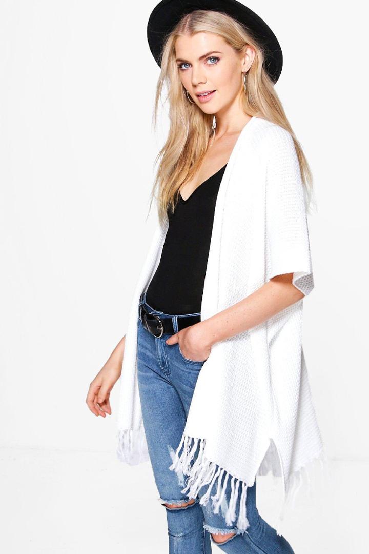 Boohoo Hannah Fringed Sleeve & Hem Cardigan White