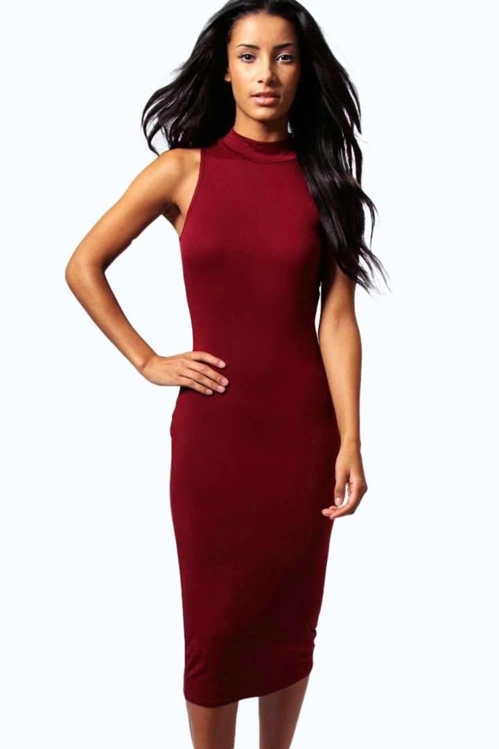 Boohoo Billie Turtle Neck Sleeveless Midi Bodycon Dress Berry