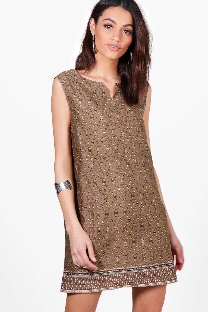 Boohoo Maddy Printed Sleeveless Shift Dress Khaki