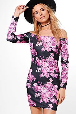 Boohoo Harriet Printed Off Shoulder Bodycon Dress