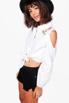 Boohoo Faye Embroidered Cold Shoulder Cropped Shirt White