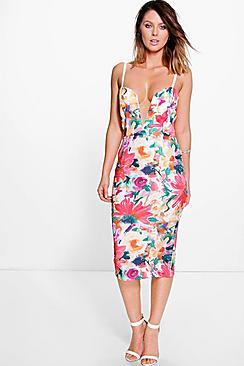 Boohoo Belen Floral Plunge Neck Midi Dress
