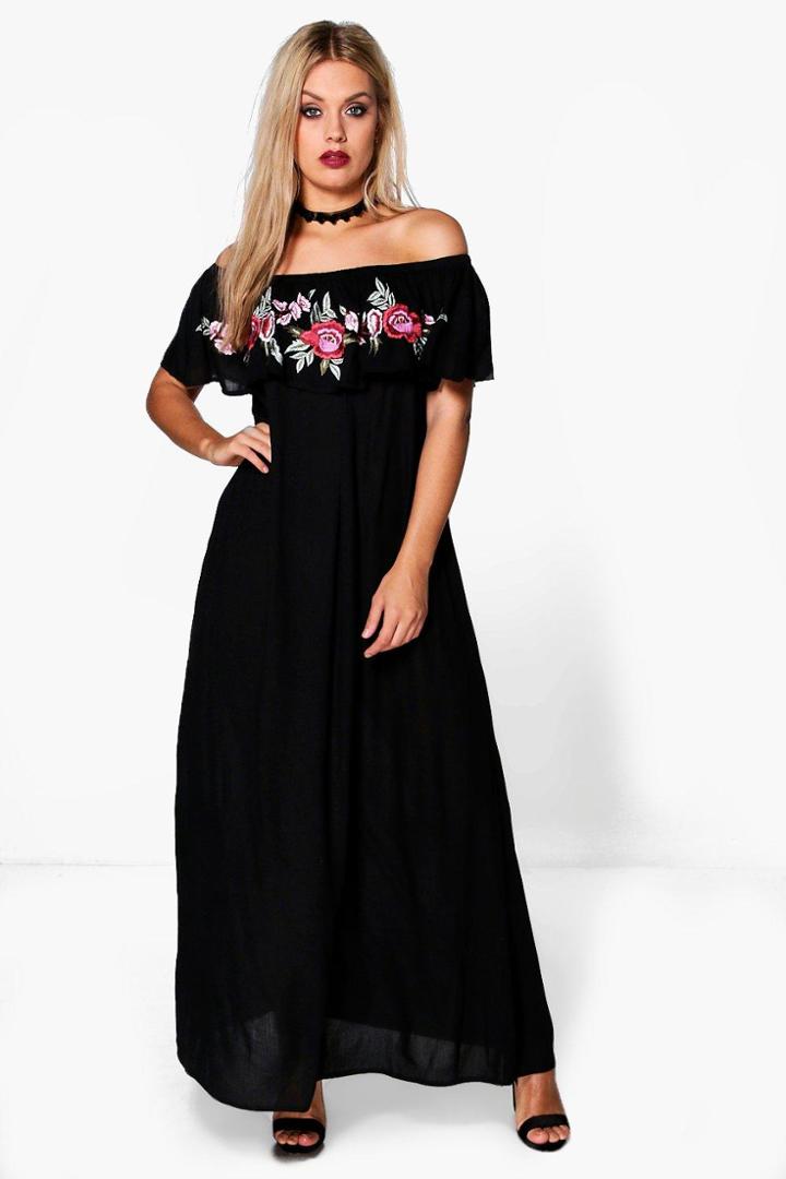 Boohoo Plus Rosie Embroidered Frill Maxi Dress Black