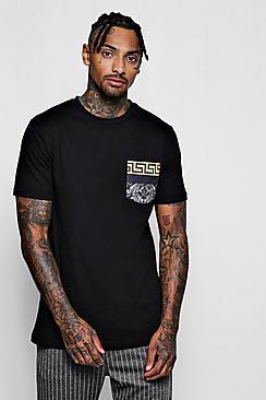 Boohoo Longline Baroque Pocket Print T-shirt