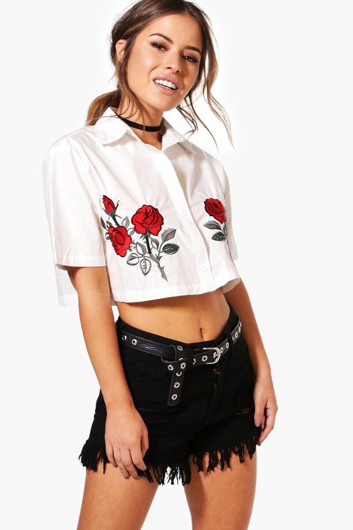 Boohoo Petite Katie Embroidered Crop Boxy Shirt White