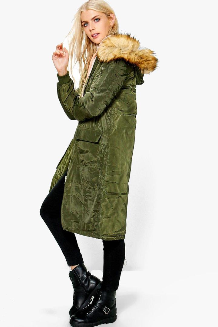 Boohoo Molly Longline Ma1 Bomber With Detachable Faux Fur Hood Khaki