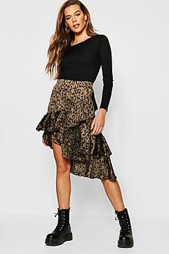 Boohoo Leopard Print Ruffle Midi Skirt