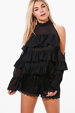 Boohoo Ruffle Cold Shoulder Blouse