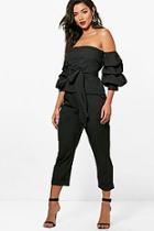 Boohoo Tie Waist Bardot And Woven Trouser Set