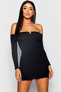 Boohoo V Neck Lettuce Hem Rib Knit Dress