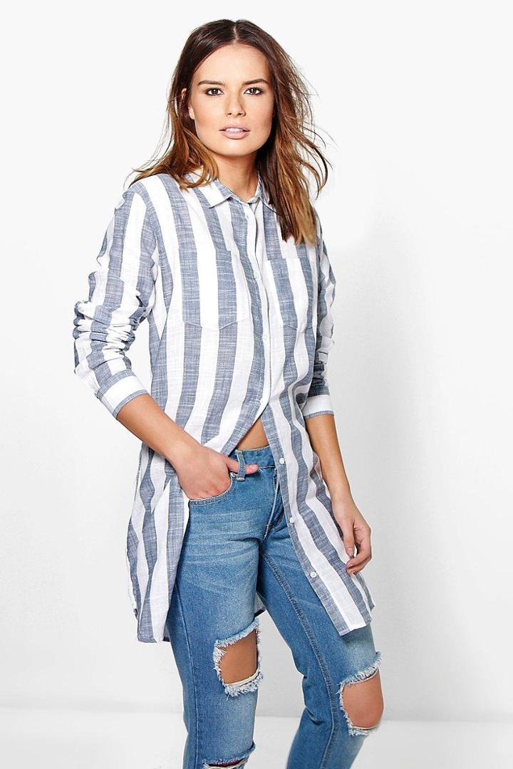 Boohoo Grace Striped Oversized Cotton Shirt Blue