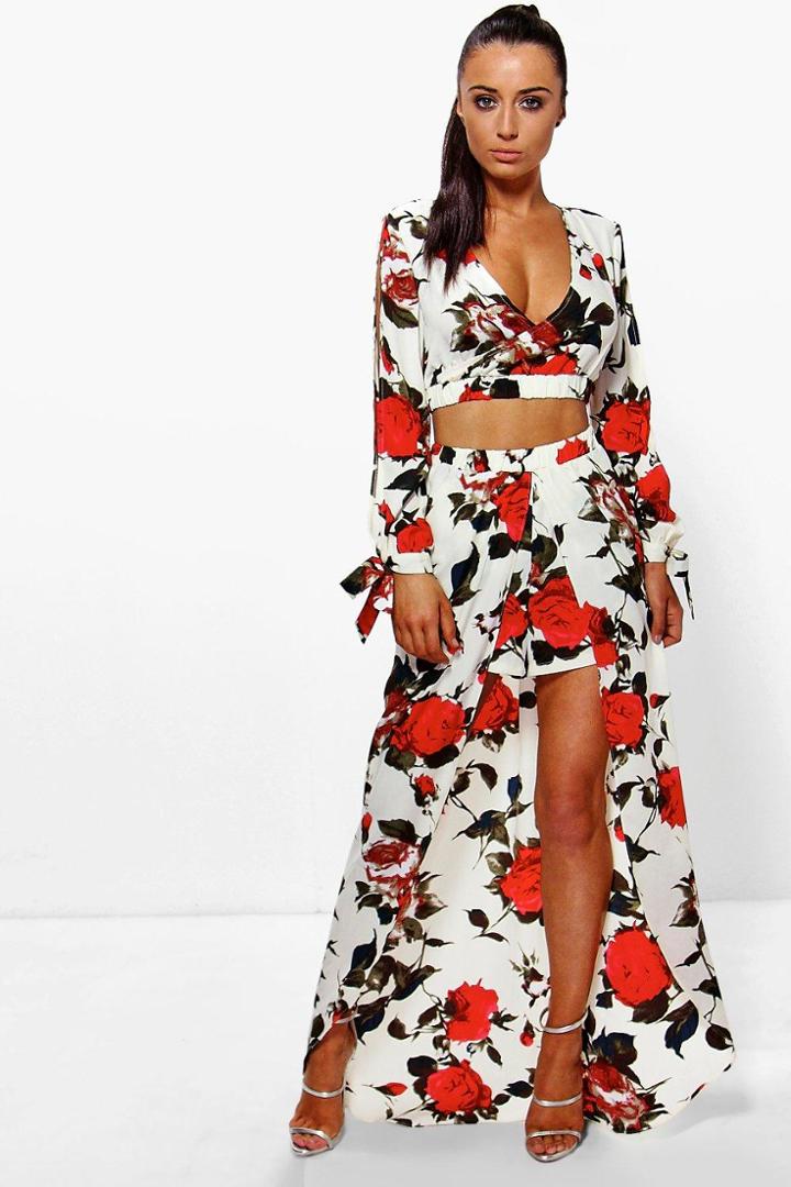 Boohoo Eva Floral Crop & Split Front Maxi Co-ord Set Multi