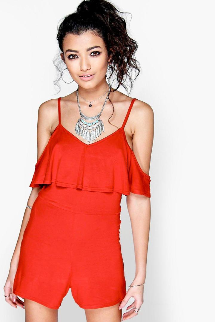 Boohoo Phillis Cold Shoulder Ruffle Playsuit Rust