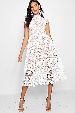 Boohoo Boutique Elle Lace High Neck Skater Dress