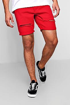 Boohoo Slim Fit Distressed Red Denim Shorts