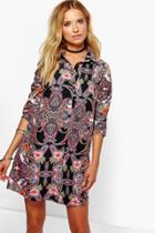 Boohoo Leandra Flower Print Shirt Dress Black