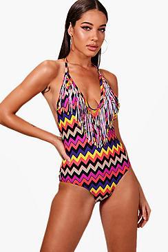 Boohoo Algarve Zig Zag Print Plunge Fringed Swimsuit