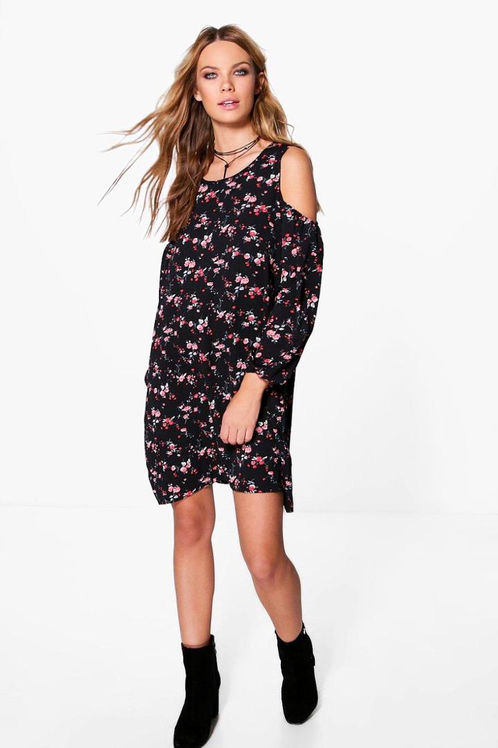 Boohoo Kiki Cold Shoulder Floral Shift Dress Black