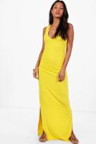 Boohoo Lily V Neck Side Split Ruched Waist Maxi Dress Yellow