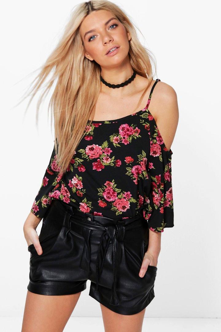 Boohoo Annabelle Dark Floral Cold Shoulder Top Black