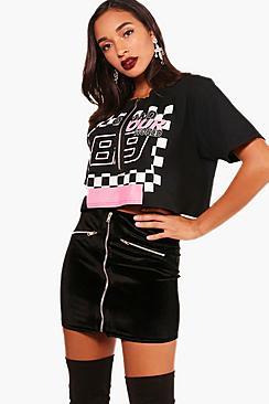 Boohoo Nia Zip Front Moto Checkerboard Crop Tee