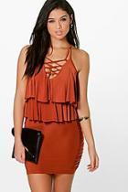 Boohoo Sally Slinky Ruffle Lace Up Bodycon Dress