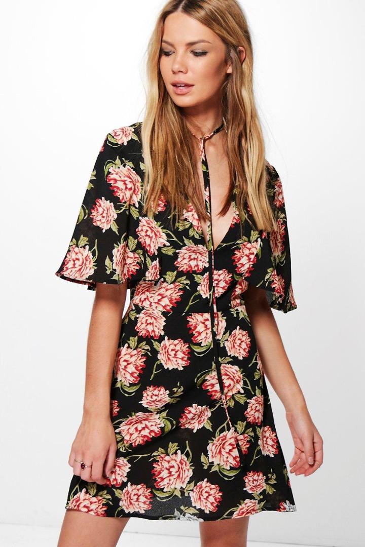 Boohoo Rudy Cape Front Floral Tea Dress Black