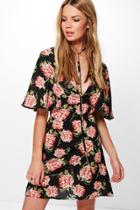 Boohoo Rudy Cape Front Floral Tea Dress Black