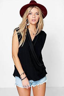 Boohoo Maddie Pleated Crepe Wrap Front Top