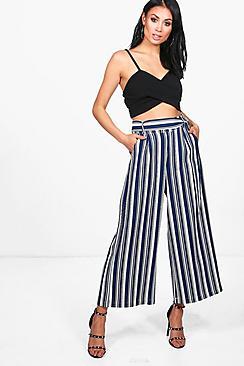 Boohoo Kaira Tie Waist Striped Wide Leg Culottes