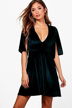 Boohoo Lola Velvet Split Sleeve Belted Skater Dress