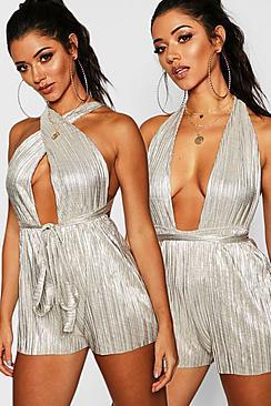 Boohoo Metallic Plisse Multi Wrap Playsuit