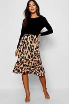 Boohoo Petite Leopard Print Asymmetric Ruffle Satin Midi Skirt