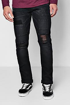 Boohoo Black Slim Fit Patchwork Denim Jeans