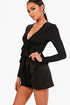 Boohoo Lola Peplum Tie Front Slinky Top